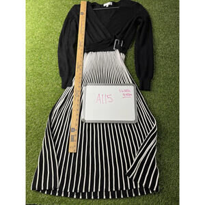 Robbie Bee Dress Womens Medium Pleated Stretch Knit midi Black White belted